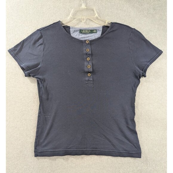 Lauren Ralph Lauren Shirt Womens SZ L Blue Short Sleeve 1/4 Button - Picture 1 of 7